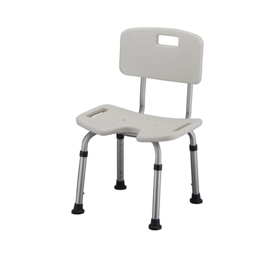 The Nova Medical Bath Seat with Hygienic U-Shape Seat is white, contoured, and features a backrest. It has adjustable aluminum legs with non-slip rubber tips for stability and cut-out handles on the seat and backrest for easy transport.